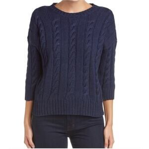 Three Dots Cable Knit Cotton Short Sleeve Sweater in Navy Size Small